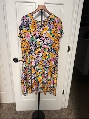 Terra & Sky Floral Tiered Dress in Yellow, Pink & Purple on Black OX 14W